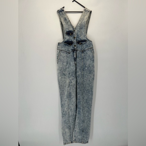 Vintage 90’s Acid Wash Front Pocket Cartoon Patch Seamed Straight Leg Jumpsuit - Picture 2 of 12